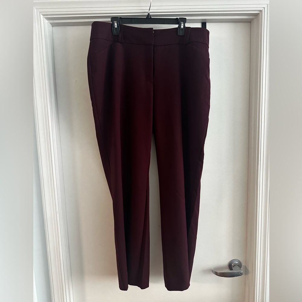 Burgundy wide leg dress pants.